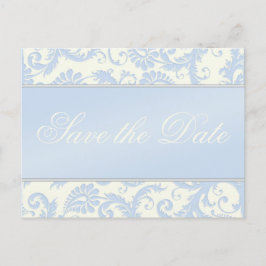 Postal De Anuncios Marfil y Blue Damask Save the Date Postcard