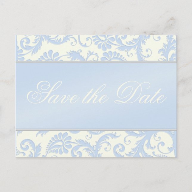 Postal De Anuncios Marfil y Blue Damask Save the Date Postcard (Anverso)
