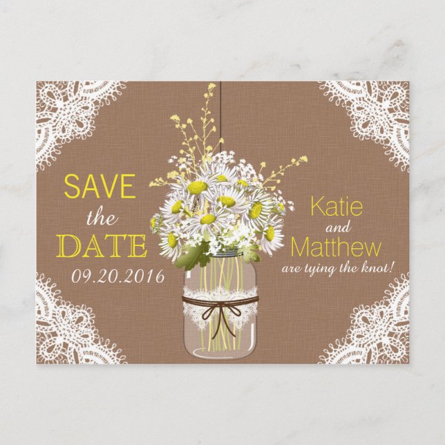 Postal De Anuncios Margaritas Rústicas y Encaje Save the Date (Anverso)