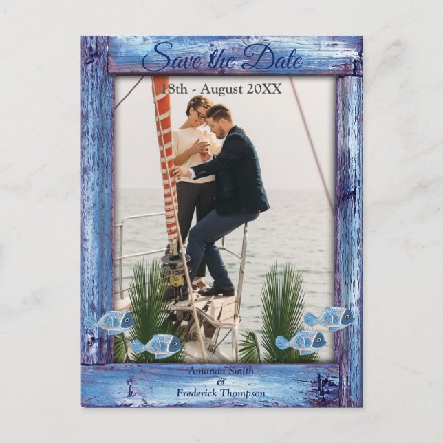 Postal De Anuncios Marina - Madera texturada azul y pescado salvan la (Anverso)