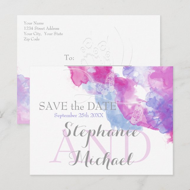 Postal De Anuncios Mariposa Acuarela de Frutas Rojizas Save the Date (Anverso / Reverso)