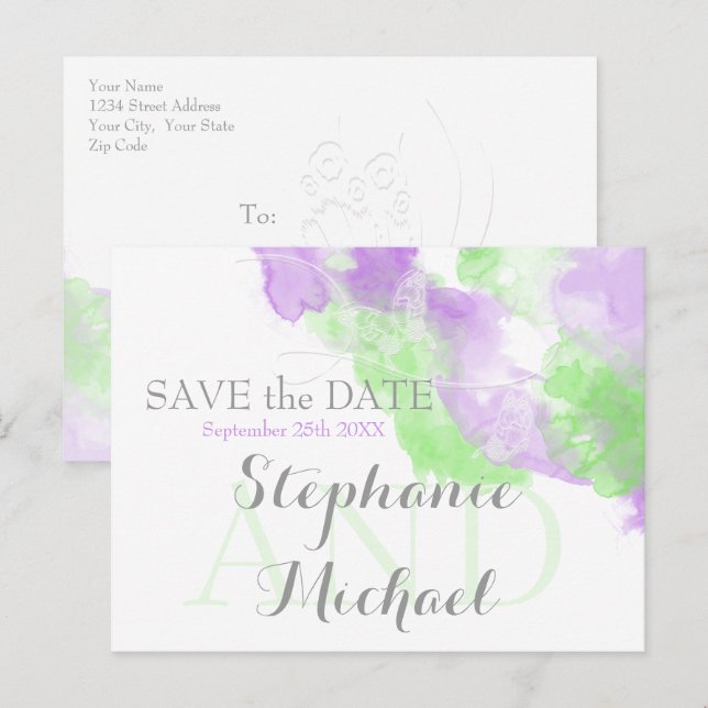 Postal De Anuncios Mariposa acuarela Matcha Lilac SavetheDate (Anverso / Reverso)