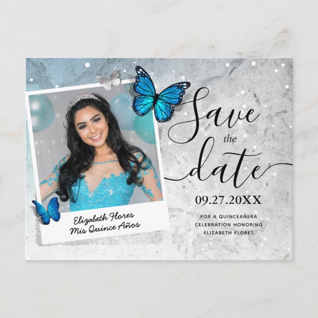 Postal De Anuncios Mariposa Azul Quinceañera Foto Guardar la Fecha (Anverso)