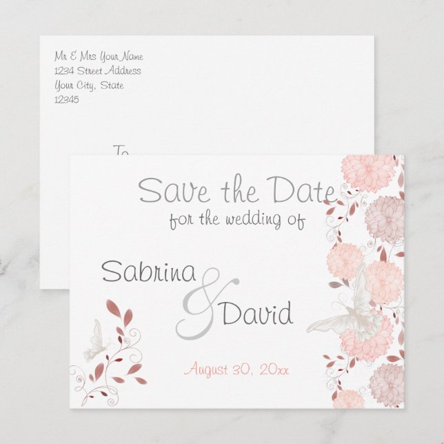 Postal De Anuncios Mariposa Coral Crisantemo Save the Date (Anverso / Reverso)