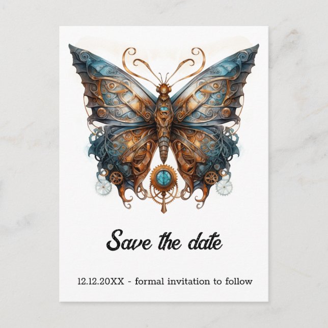 Postal De Anuncios Mariposa Morpho Gearmoth Boda Steampunk  (Anverso)