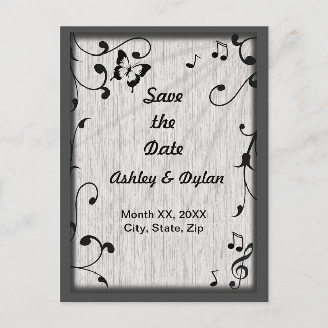 Postal De Anuncios Mariposa musical deja Boda gris y madera negra (Anverso)