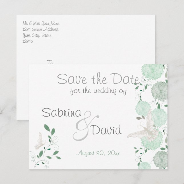 Postal De Anuncios Mariposa Pistacho Crisantemo Save the Date (Anverso / Reverso)