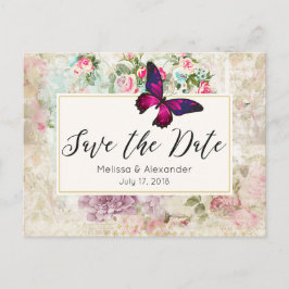 Postal De Anuncios Mariposa Rosa y Rosas Vintage Guarden la Fecha