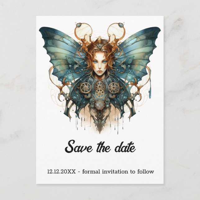 Postal De Anuncios Mariposa Steampunk Cabello de Mecánico Boda  (Anverso)