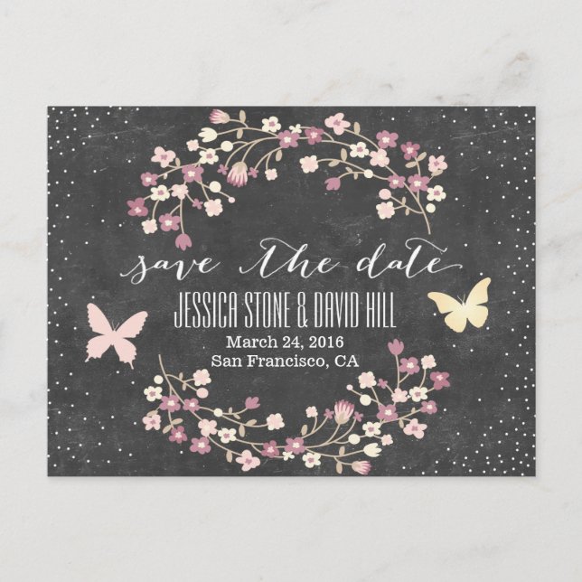 Postal De Anuncios Mariposa y Flores en Pizarra para Salvar la Fecha (Anverso)