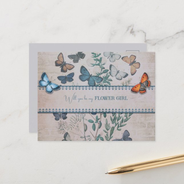 Postal De Anuncios Mariposas Azules y Flores Niña de las Flores (Anverso/Reverso In Situ)