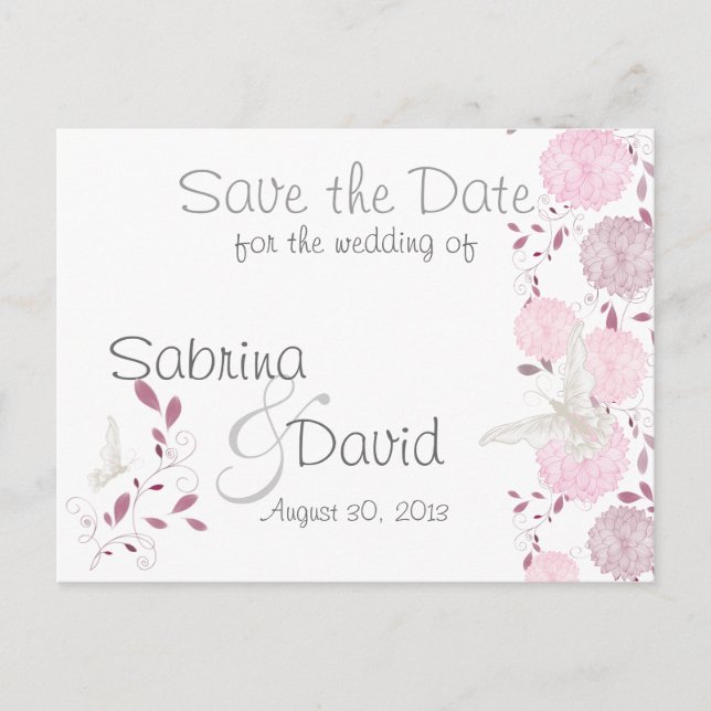 Postal De Anuncios Mariposas & Crisantemo Rosa Save the Date (Anverso)