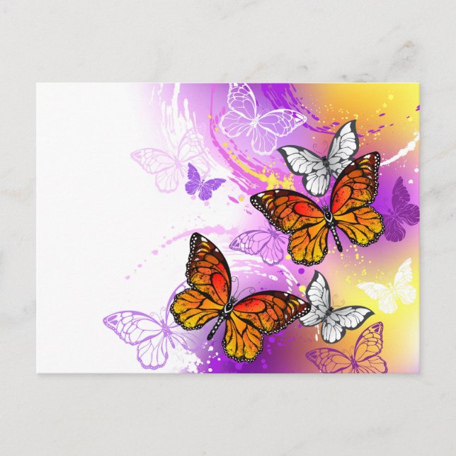 Postal De Anuncios Mariposas monarcas en fondo morado (Anverso)
