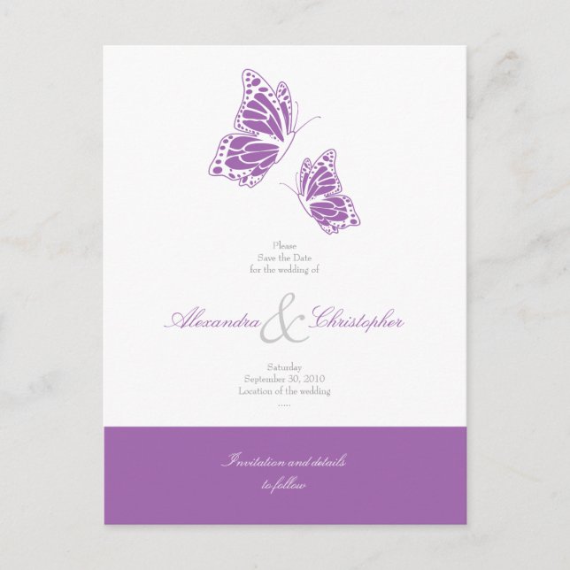 Postal De Anuncios Mariposas Violetas Simples Guardar El Boda De Fech (Anverso)