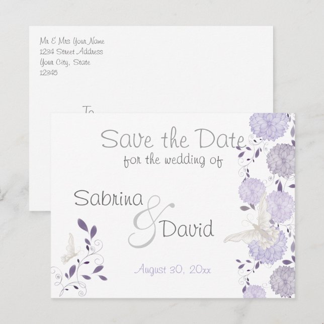 Postal De Anuncios Mariposas y crisantemo de Lilac Salven la fecha (Anverso / Reverso)