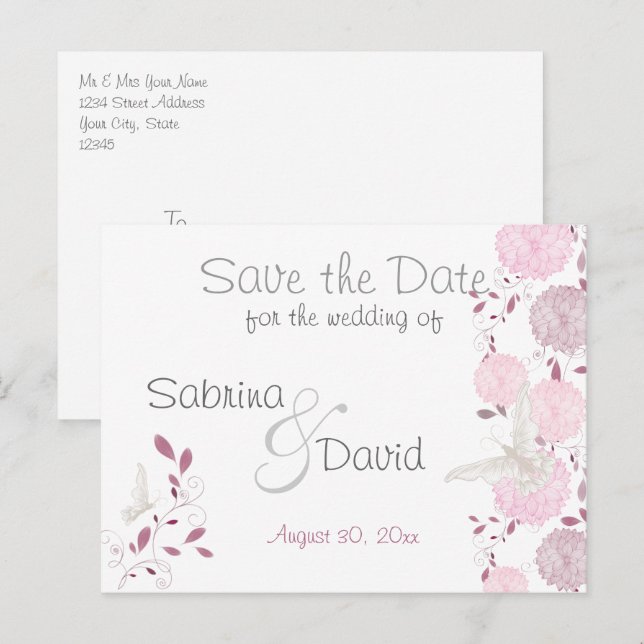 Postal De Anuncios Mariposas y crisantemo rosado Salven la fecha (Anverso / Reverso)