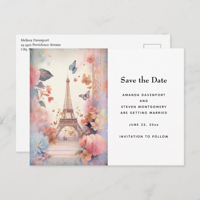 Postal De Anuncios Mariposas y flores de la Torre Eiffel (Anverso / Reverso)