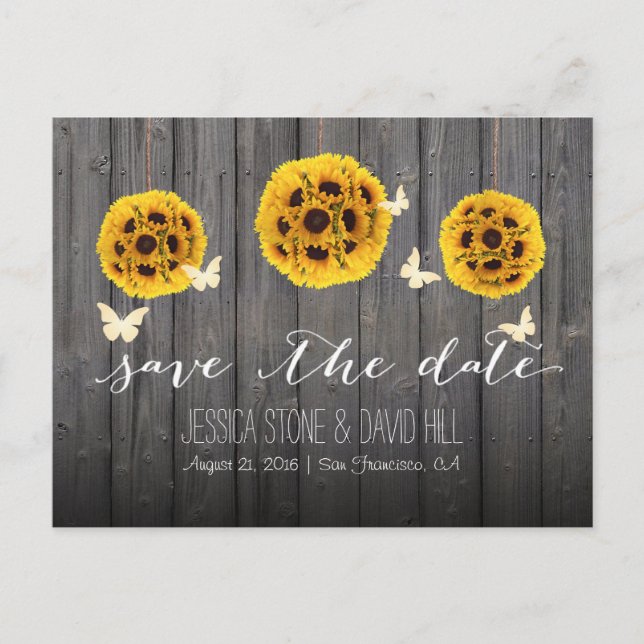 Postal De Anuncios Mariposas y Sunflowers Barn Wood Ahorra la Fecha (Anverso)
