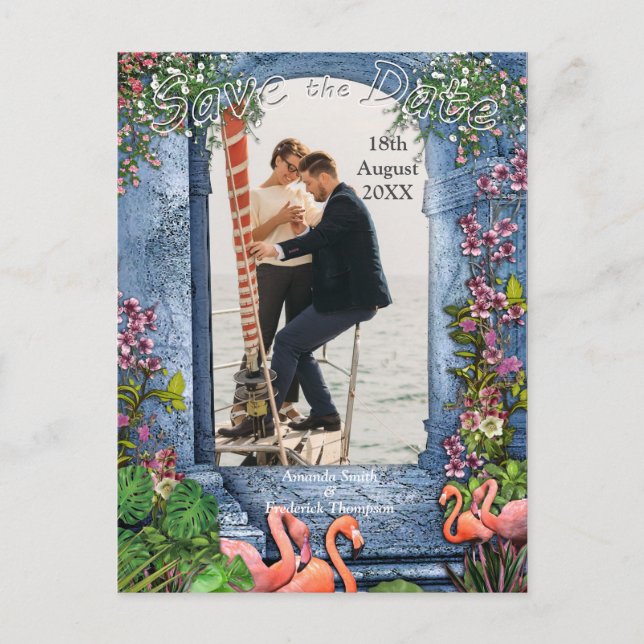 Postal De Anuncios Mármol azul y flamencos rosados (Anverso)