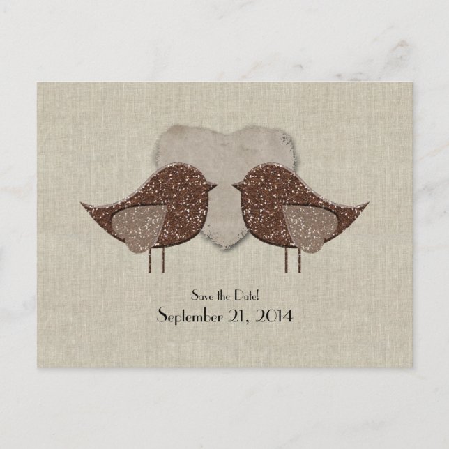 Postal De Anuncios Marrón Lovebirds Linen Look Save the Date (Anverso)