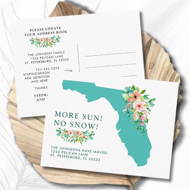 Postal De Anuncios Más Sol No Nieve Mapa De Florida Moviéndose (More Sun No Snow Florida Map Floral Hibiscus Moving Announcement Postcard)