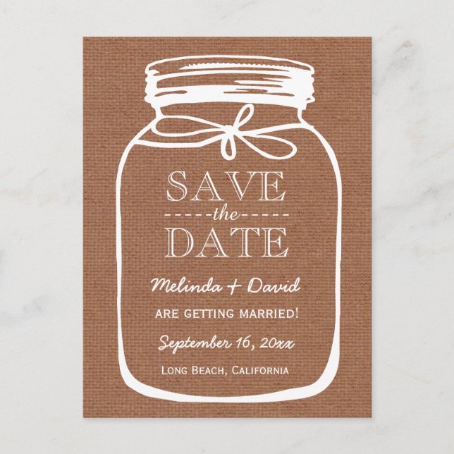 Postal De Anuncios Mason Jar Brown Burlap Guardar la fecha Boda A08 (Anverso)