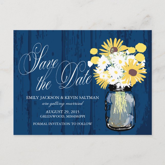 Postal De Anuncios Mason Jar Girasoles y Margaritas Save the Date (Anverso)
