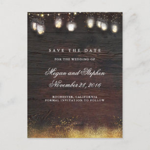 Postal De Anuncios Mason Jar Gold ilumina a Rustic Save the Date