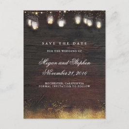 Postal De Anuncios Mason Jar Gold ilumina a Rustic Save the Date