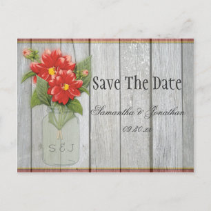 Postal De Anuncios Mason Jar Red Dahlias Barn Wood Salvar La Fecha