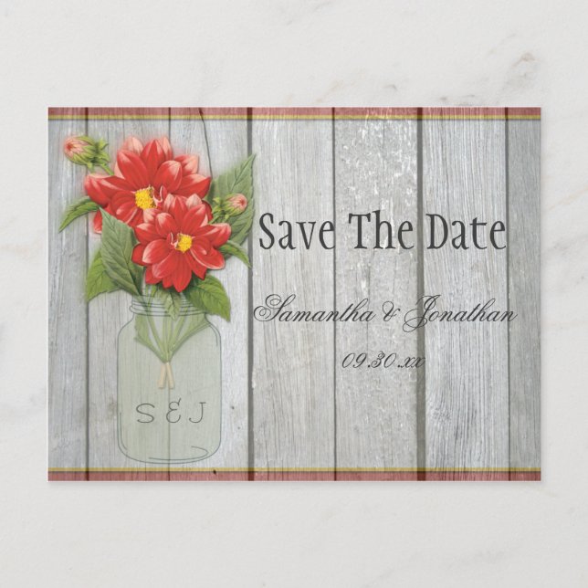 Postal De Anuncios Mason Jar Red Dahlias Barn Wood Salvar La Fecha (Anverso)