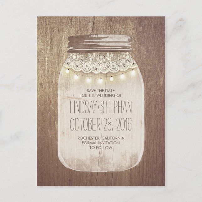 Postal De Anuncios Mason Jar Rustic Lace & Lights Salvan La Fecha (Anverso)