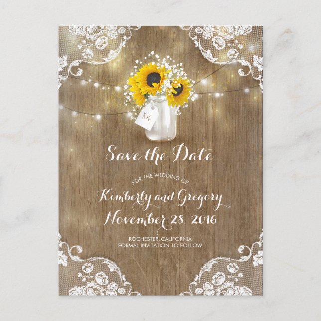 Postal De Anuncios Mason Jar Sunflowers Rústico Bouquet Save the Date (Anverso)