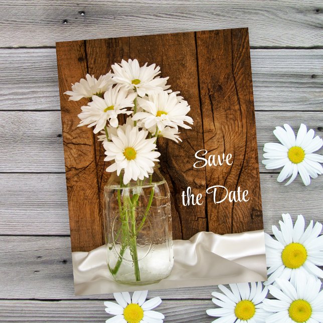 Postal De Anuncios Mason Jar White Daisies Barn Wedding Save the Date (Subido por el creador)