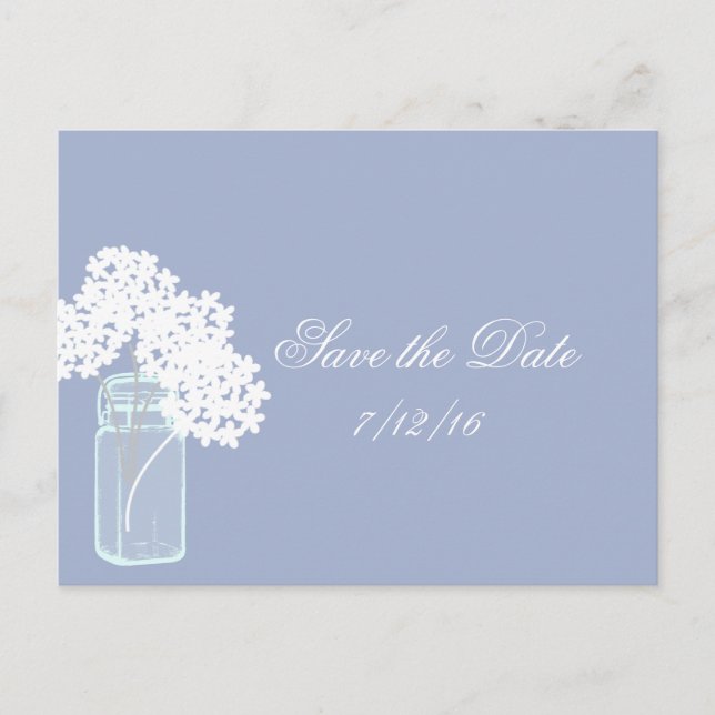 Postal De Anuncios Mason Jar, White Hydrangea, Save the Date (Anverso)