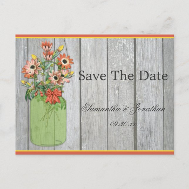Postal De Anuncios Mason Jar Wildflowers Barn Wood Ahorra La Fecha (Anverso)