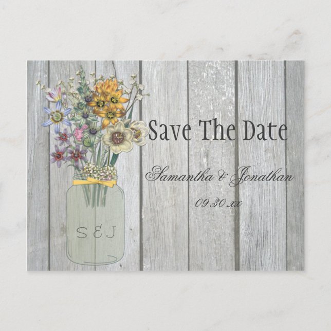 Postal De Anuncios Mason Jar Wildflowers Barn Wood Ahorra La Fecha (Anverso)