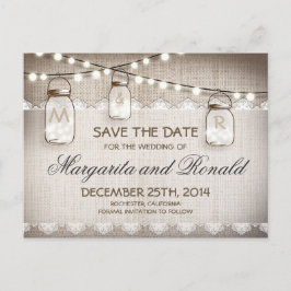 Postal De Anuncios Mason Jars and burlap Lace Save the Date