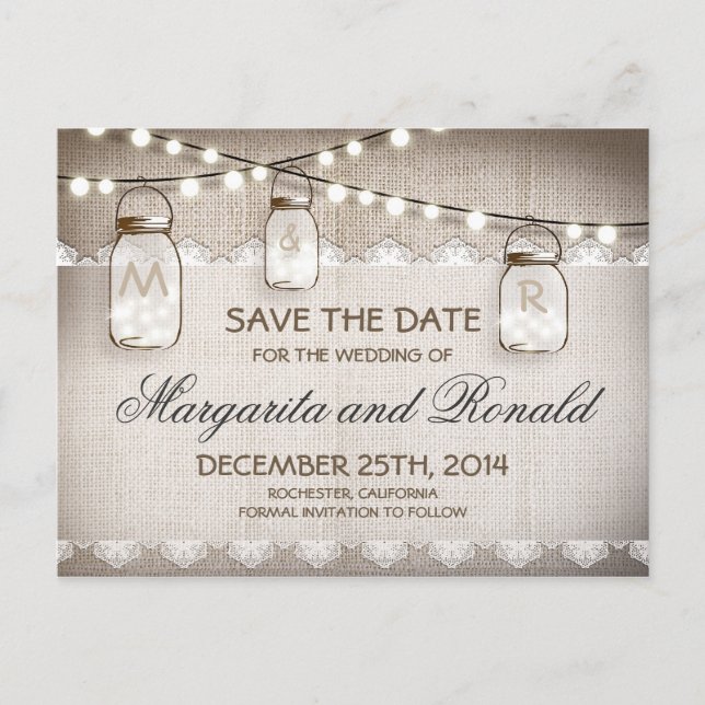 Postal De Anuncios Mason Jars and burlap Lace Save the Date (Anverso)
