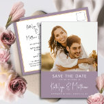 Postal De Anuncios Matrimonio fotográfico moderno malva morado salva<br><div class="desc">Mauve Purple Fun Script Modern Photo Minimalista Wedding Salva La Postales De La Invitación De Fechas. Hágale saber a su familia, amigos y colegas que usted ha fijado una fecha para su celebración boda con esta elegante, elegante y moderna boda, ahorrando la tarjeta de invitación de cita. Todos los textos...</div>