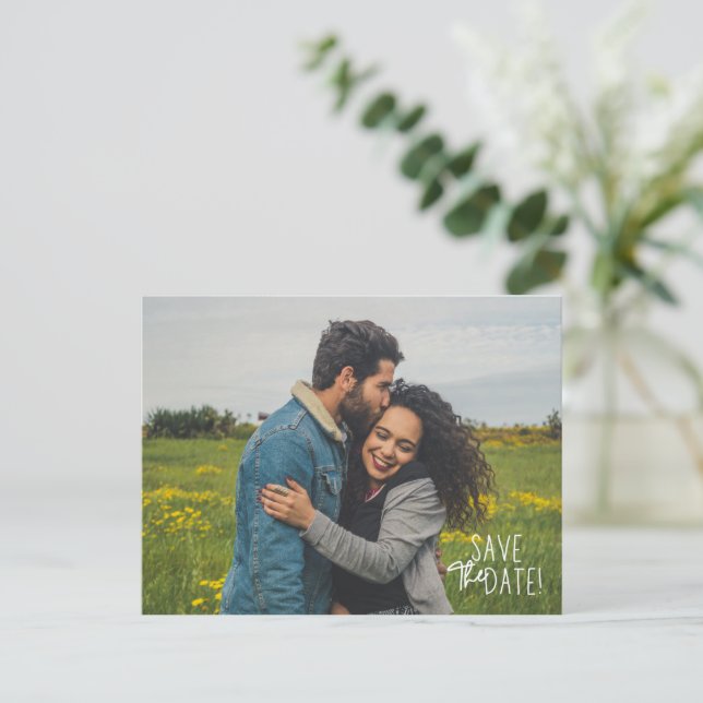 Postal De Anuncios Matrimonio fotográfico simple Guardar la fecha (Anverso de pie)