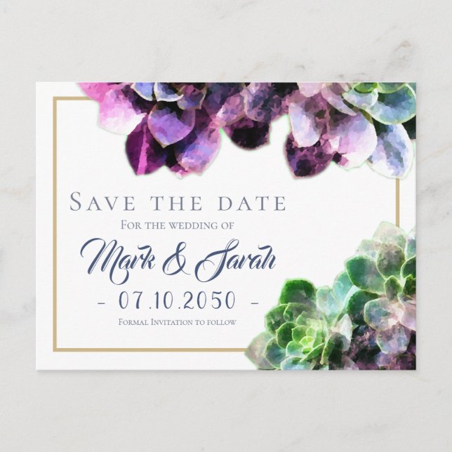Postal De Anuncios Matrimonio Purple Succulents Guardar la fecha (Anverso)