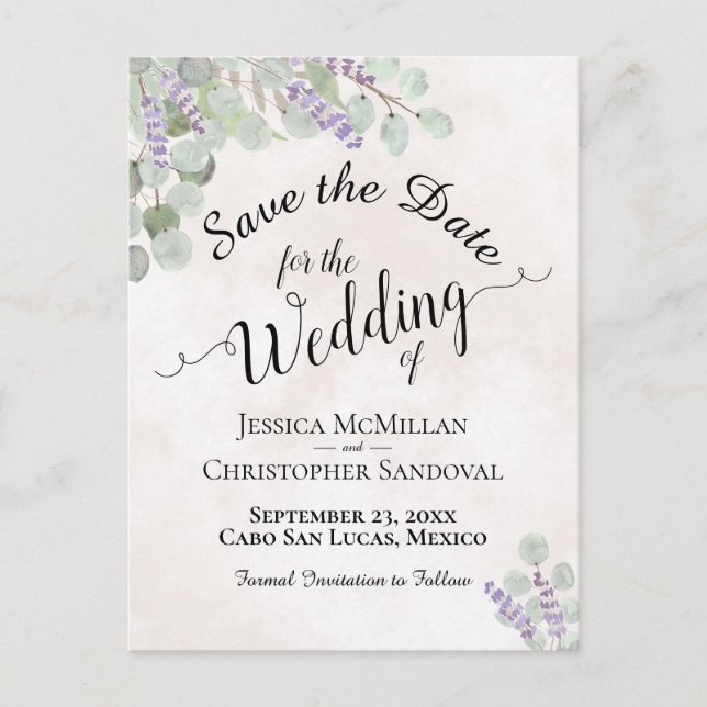 Postal De Anuncios Matrimonio rosa Eucalyptus y Lavender salva la fec (Anverso)