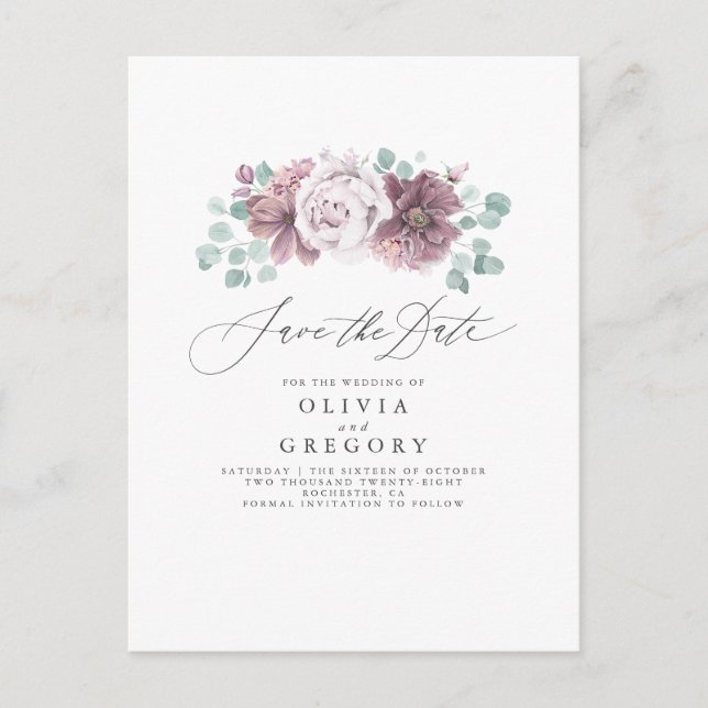 Postal De Anuncios Mauve Floral Save the Date (Anverso)