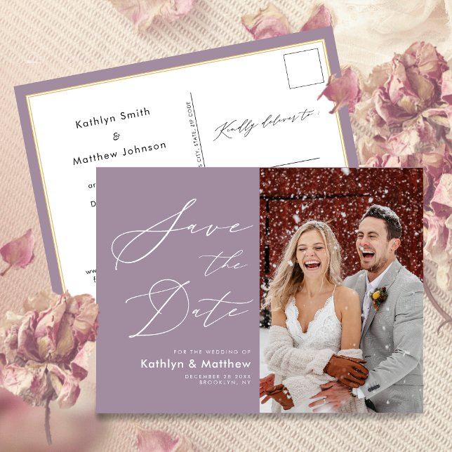 Postal De Anuncios Mauve Purple Elegant Script Wedding Guardar La Fec (Subido por el creador)