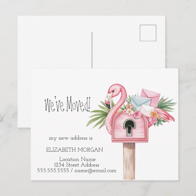 Postal De Anuncios Me he mudado, buzón flamenco nueva dirección (Anverso / Reverso)