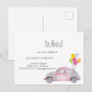 Postal De Anuncios Me he mudado, Coche rosa acuarela, nueva dirección