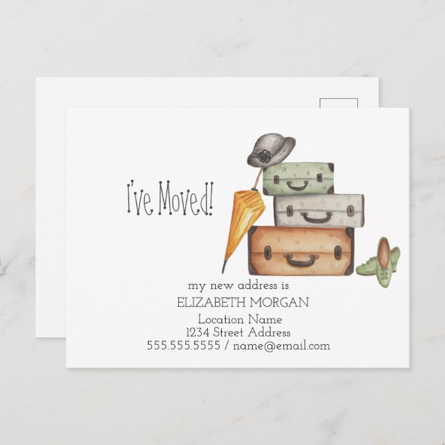 Postal De Anuncios Me he mudado, maletas antiguas nueva dirección (Anverso / Reverso)