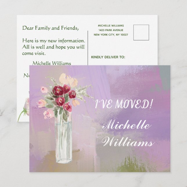 Postal De Anuncios Me he Mudado Presupuesto Acuarela Rosa Floral Muda (Anverso / Reverso)