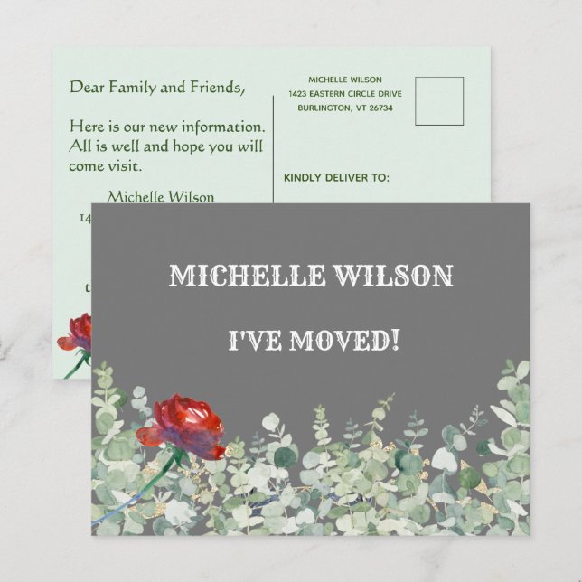 Postal De Anuncios Me he mudado Presupuesto Eucalipto Verde Floral Mu (Anverso / Reverso)